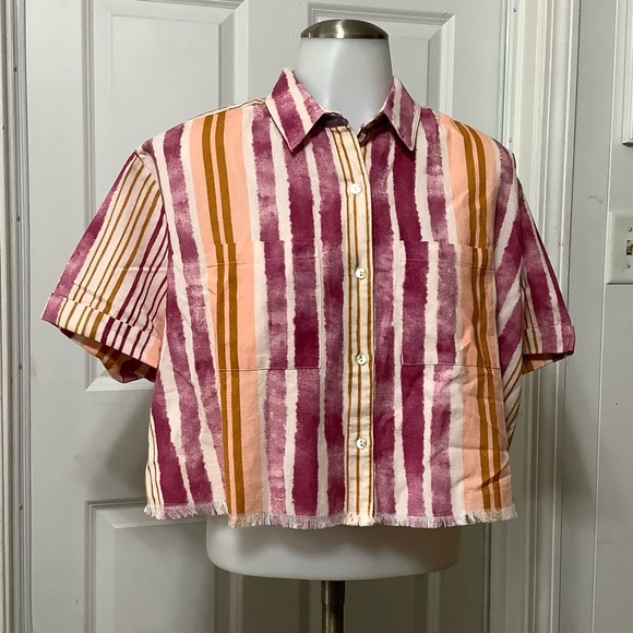Shade & Shore Casual striped, cropped shirt button up size Small. NWT - Picture 1 of 8